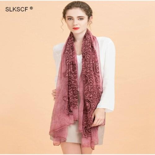 [SLKSCF] 180X110CM Embroidery 100% silk scarf wrap shawl hijab Fashion Long Scarfs and Shawls fashion muslim Scarves