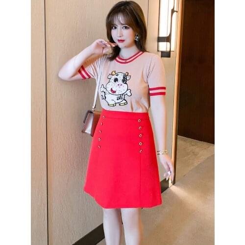 High quality Cartoon pin drill round neck knitting T shirt +double-breasted A-Line Half skirt suit 2021 summer new