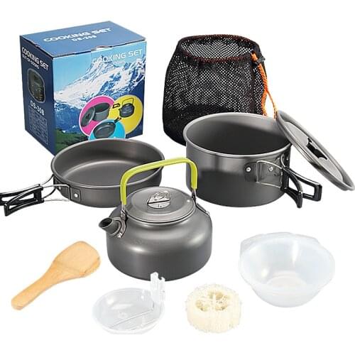 Ultra-light Aluminum Alloy Camping Cookware Utensils Outdoor Cooking Teapot Picnic Tableware Kettle Pot Frying Pan 3pcs/Set