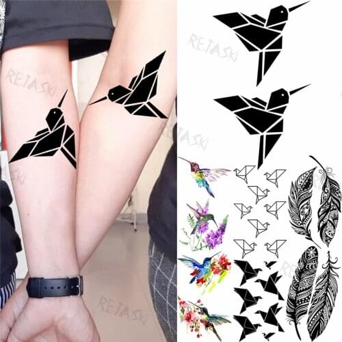 Fun Geometric Bird Temporary Tattoos For Women Men Hummingbird Paper Crane Feather Fake Tattoo Sticker Realistic 3D Animal Tatoo
