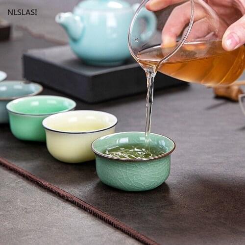 6 pcs/set Longquan Celadon fish tea Cup Handmade Ceramic teacup Boutique small tea bowl portable Personal Single Cup