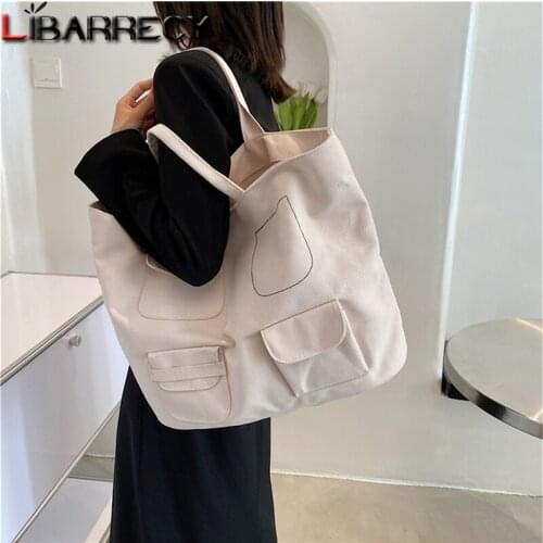 Women Solid Color Shoulder Bag Simple Canvas Handbag Tote Large Capacity Shopping Bag for Women Cute School Bags for Girl
