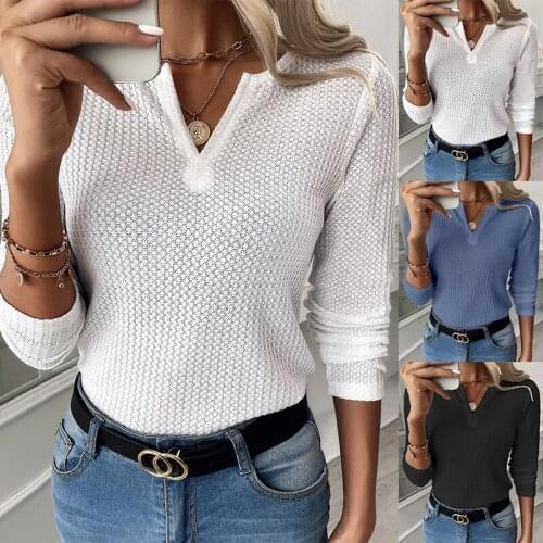 Ladies Blouses Shirts Casual Long Sleeve New Fashion Womens Clothing Waffle grid V Neck Solid Tops Solid Soft Cozy Shirt Femal