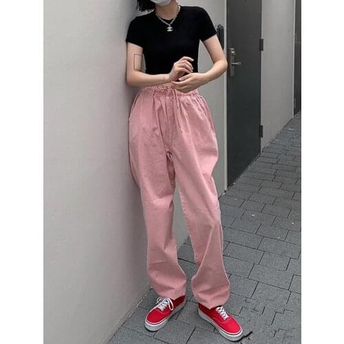 Y2k Baggy Pink Cargo Pants Women Korean Fairy Grunge Loose Jogging Streetwear Elastic High Waisted Trousers Wide Leg Drawstring