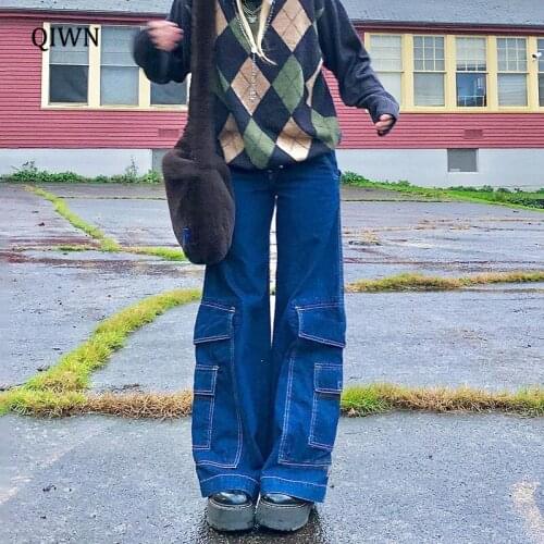 Y2K Baggy Wide Leg Jeans Women Big Pockets Patchwork Streetwear Cargo Pants High Waist Vintage E Girl Denim Trousers