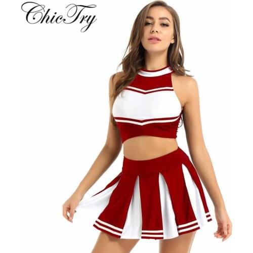 Women Adults School Girls Outfits Cheerleader Sexy Costume Sets Uniform Outfit Sleeveless Crop Top with Mini Pleated Skirt