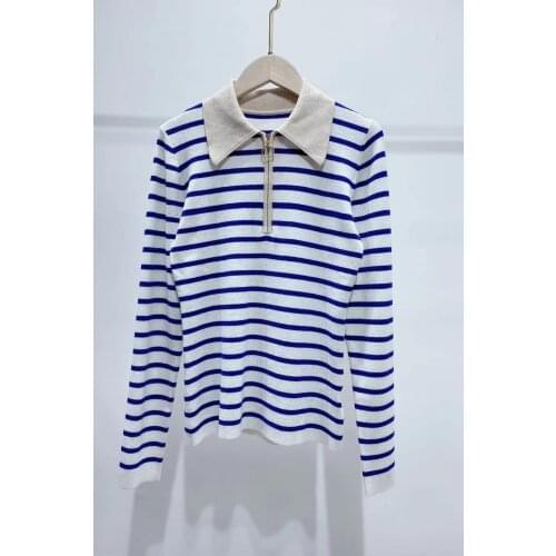 Turn Down Collar Women Striped Knitted Sweater 2021 Spring Autumn Ladies Long Sleeve Jumper Knitwear Pullover Tops with Zipper