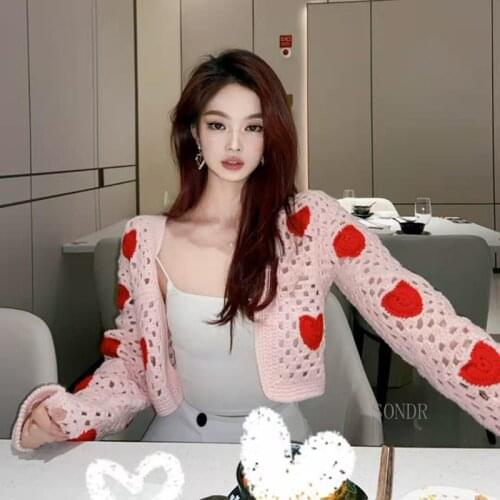 2021 New Pink Cardigan Women Crop Tops Sweetheart Crochet Hollow Out Open Stitch Cardigans Long Sleeve Tops Summer Sweater Coat