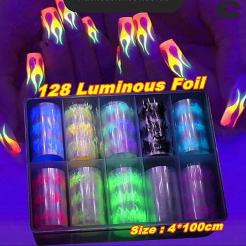 10Rolls/Box Decal Luminous Flame Fire Nail Transfer Foils Slider (100X4cm )Glow I Dark Nail Foil Set Fire Flame Nail Sticker H