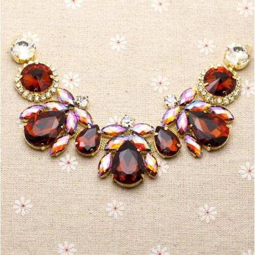 18.5*4.3cm Glass+resin coffee AB Good Quality rhinestone applique Gold Base Rhinestone Chain Sew on Wedding Party Dress