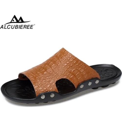 ALCUBIEREE Summer Mens Breathable Flats Sandals Handmade Split Leather Slippers Lightweight Beach Shoes Casual Non-slip Slides
