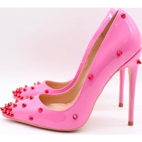 Free shipping fashion women Pumps lady pink paten leather Pointy toe studd spikes high heels shoes size33-43 12cm 10cm 8cm