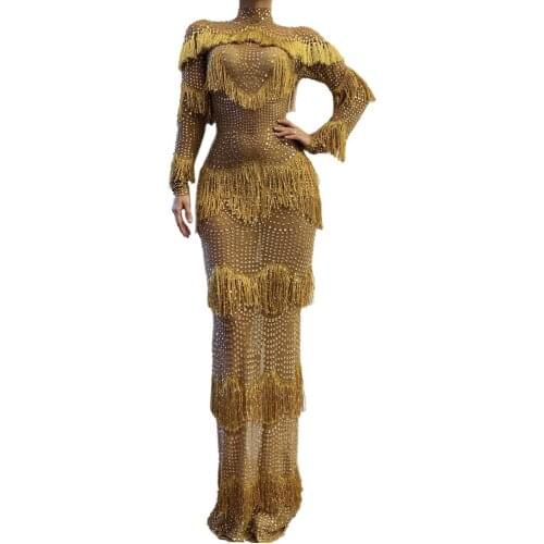 Sparkling See Through Gold Rhinestone Evening Party Dress Women Birthday Celebration Fringes Dress Singer Long Dress Stage Wear