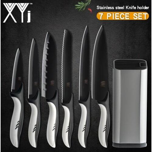 XYj 7pcs Kitchen Stainless Steel Knives Holder Sharpening Bar 8'' Chef Bread Slicing 7'' Santoku 5'' Utility 3.5'' Paring Knife