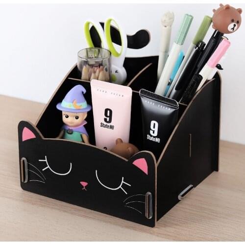 DIY Cartoon Cat Wooden Desk Organizer Storage Holder Desktop Pencil Pen Sundries Badge Box Stationery Office School Supplies