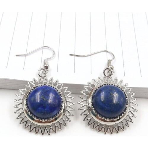 FYSL Silver Plated Lapis Lazuli Round Cabochon Dangle Earrings for Women Green Aventurine Trendy Jewelry