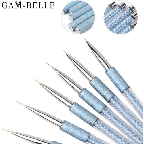 GAM-BELLE 1 Pc Nail Art Brush Acrylic French Liner Stripes Grid Pattern Painting Brushes Pen Blue Handle Manicure Nail Art Tool