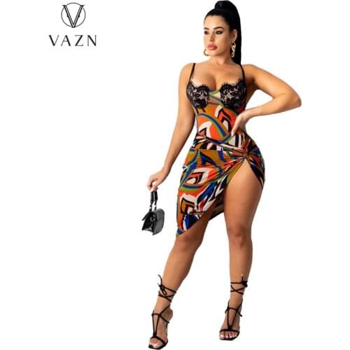 VAZN 2021 INS V-neck Elegant Lady Print 2 Piece Set Boho Beach Summer Women Sleeveless Top And Mini Pleated Skirt Suits