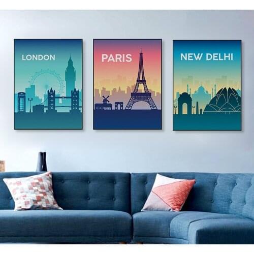 World FamousColorful City LONDON PARIS NEW DELHI Bedroom Children Room Decoration Poster Painting Canvas Wall Art Oil Painting