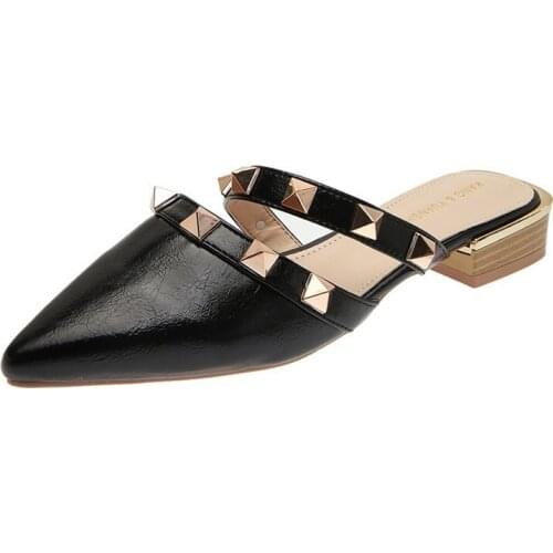 Summer Slipper Women Shoes Woman Mules Outdoor Slides Fashion Shoes Metal Rivet Pointed Cover Toe Low Heels Slippers