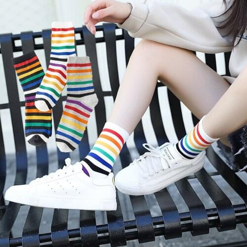 New Rainbow Striped Patterned Funny Short Socks Women Cool Cotton Harajuku Cute Kawaii Socks Female Fashion Colored Happy Sock