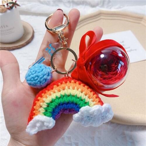 New Knitted Rainbow Cloud Eternal Flower Car Key Chain Pendant Creative Woven Bag Car Key Ring Pendant Gift