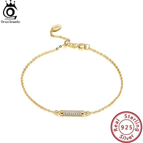 ORSA JEWELS Original 925 Sterling Silver Bracelets for Girl Silver Zircon Cylindrical Girl Women Chain Bracelet Adjustable SB63