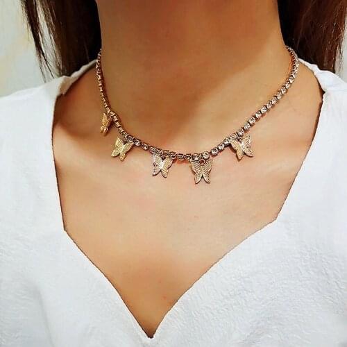 Luxury Rhinestone Butterfly Pendant Necklace feminine charm necklace jewelry BLING shiny crystal tennis Chain Necklace