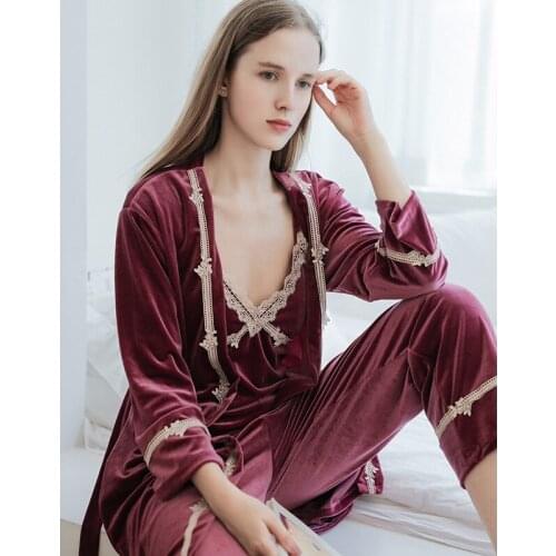 Youhottest Ladies Velvet Pajamas Autumn Winter Women 4 Pieces Sleepwear Sets Lace Pajama Set