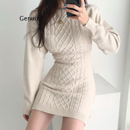 Fashion Hollow Out Waist Sweater Dress Women Autumn Winter High Elastic Twist Knitted Dress Casual Bodycon Mini Dress 3 Colors