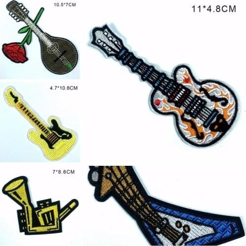 Rose Rock Guitar BaritoneEmbroidered Iron On Patches for Clothing Musical Instruments Appliques DIY Clothes Coat Badges Parches