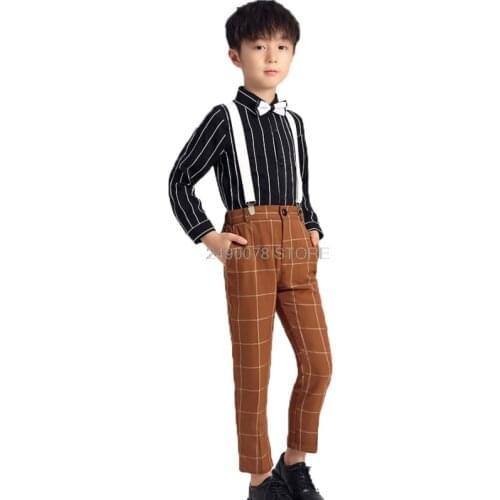 School Kids Formal Wedding Suit Boys Gentleman Strap Shirt Pants Bowtie 4Pcs Dress Children Piano Performance Costume