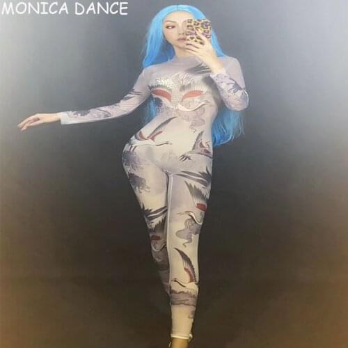 Women Fashion Sexy Jumpsuit Nightclub Party Bodysuit Women Naked Tattoo 3D Printing Stage Wear Dancer Singer Performance Costume