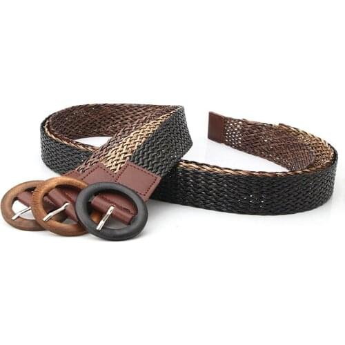Women Braided Belt Luxury Brand PU Waistband Female Wood Round Buckle Jeans Wild Circle Pin Waist Band Strap