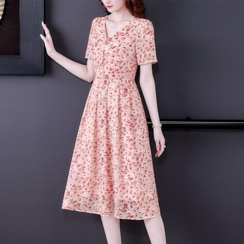 2021 New Summer Women V-Neck Short Sleeve Slim Long Dress Gentle Style Elegant Floral Chiffon Dress