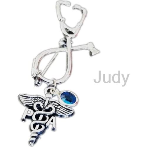 12pcs/lot PA Physician Assistant Medical Caduceus Birthstone Graduation Gift Stethoscope Brooch Pin
