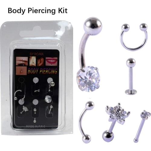 6Pcs/Pack Surgical Stainless Steel Zircon Belly Navel ring Flower Ear Tragus Helix Nose Lip Stud Eyebrow Bars Piercing Jewelry