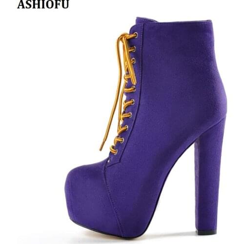 ASHIOFU Handmade Women Chunky Heel Boots Cross Lace-up Ankle Boots Party Prom Sexy Platform Evening Fashion Short Boots Shoes