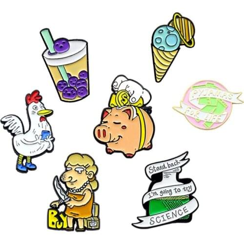 Big spender Piggy bank Chicken game Enamel Brooches ice cream milky tea banner shopping Beaker science Lapel Pin Badge