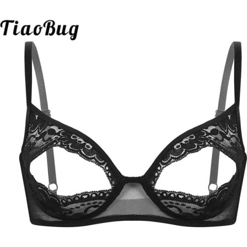 TiaoBug Women Lingerie Sheer Lace Floral Adjustable Spaghetti Straps Nipple Split Bralette Wire-free Unlined Open Cups Sexy Bra