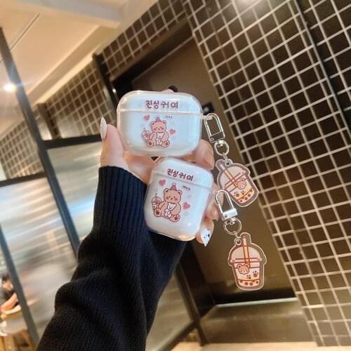 For AirPods Case Cute Cartoon Milk Tea Bear Earphone Case For AirPods 2 3 AirPods Pro Soft Clear Headphone Cover with Keychain