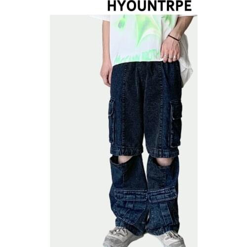 Men High Street Loose Denim Jeans Fashion Knee Zipper with Pocket Elastic Waist Straight Pants Hip Hop Streetwear Casual Joggers