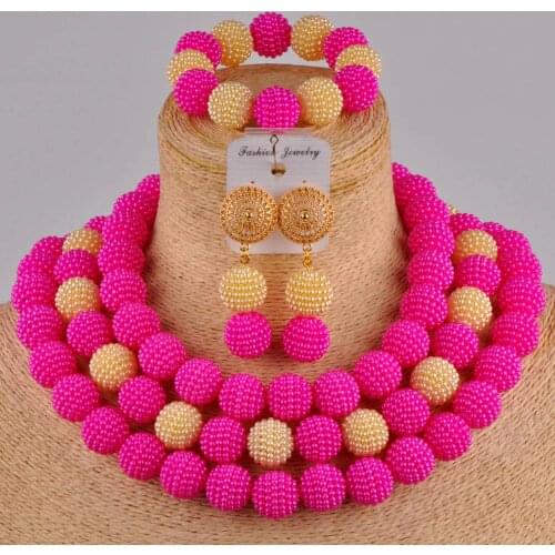 Fuchsia pink champagne gold costume necklace african set simulated pearl beads jewelry set nigerian wedding set FZZ101