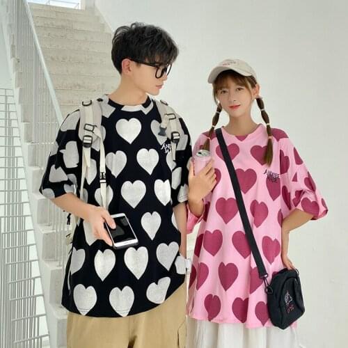 2021 Summer New Love Heart Graffiti Print Couple T-Shirt Hip-Hop Style Short Sleeve Cotton Top Funny All-Match Unisex Streetwear