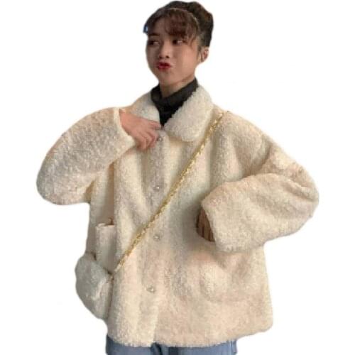 Autumn Winter Women Solid Color Faux Fleece Buttons Loose Pockets Coat Jacket