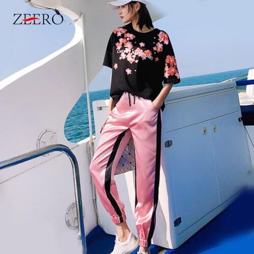 Summer Two Piece Set Top and Pants Women Tracksuit Floral Print T-shirt Womens Sweatsuit Long Pant Sets Plus Size Sport Suits