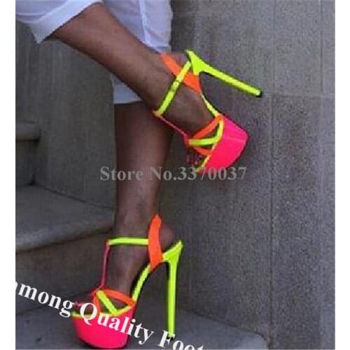 Linamong Charming Patchwork High Platform Stiletto Heel Sandals Thin Mixed-colors Straps High Heel Sandals Sexy Dress Shoes