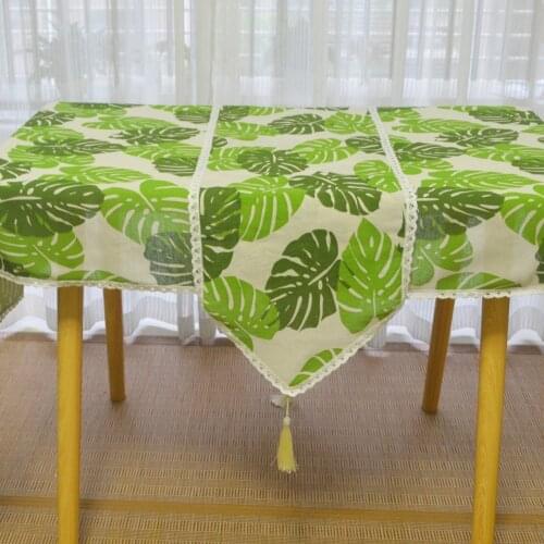 Linen Cotton Tassel Table Runner Printed Green Palm Leaves Table Runners Home Table cloth Wedding Christmas Party Table Decors