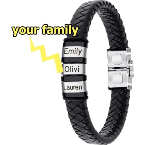 Custom Mens Genuine Leather Bracelet Stainless Steel Custom Beads Name Charm Bracelet Jewelry For Men With Family Names regalos
