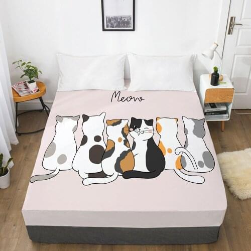 Cartoon Fitted Sheet Bed Sheet With An Elastic Band Mattress Cover Bed cover Kids Bedding for Children baby Pink Cat background